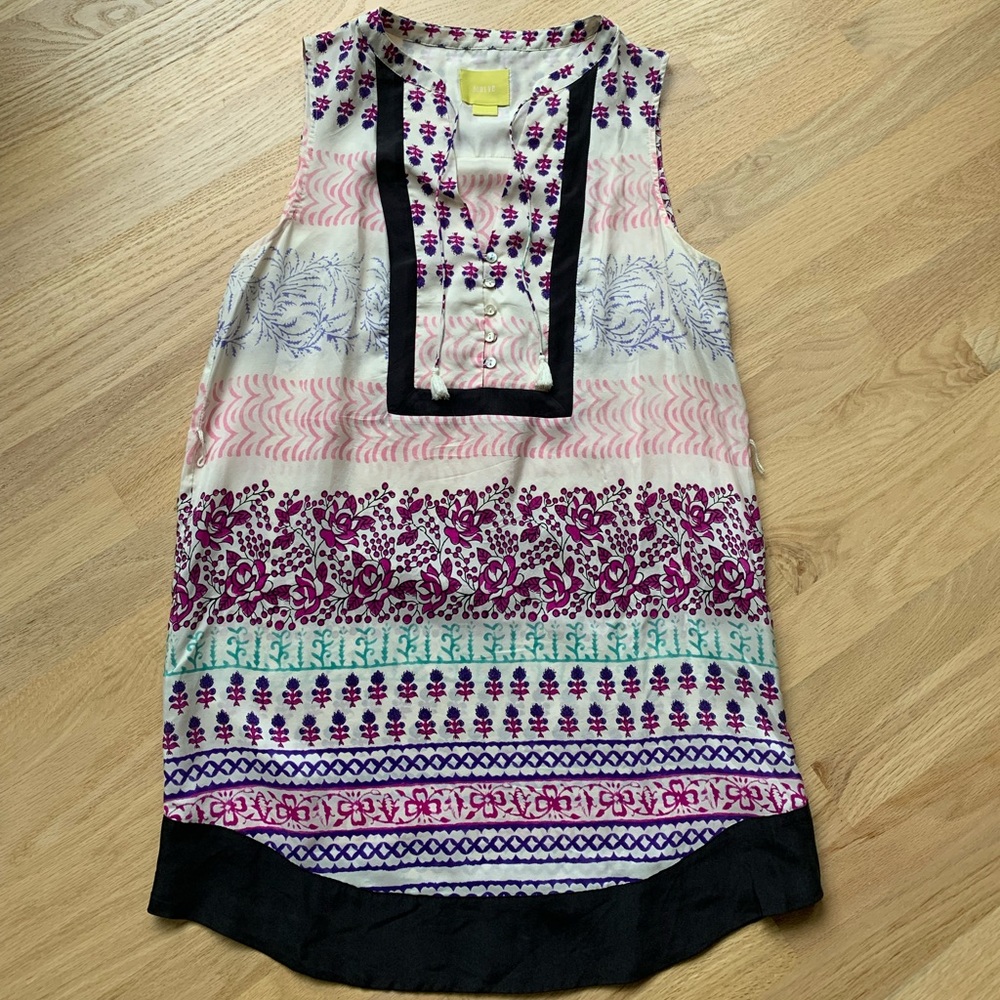 Anthropologie Cream Multicolor Printed Sleeveless Tunic